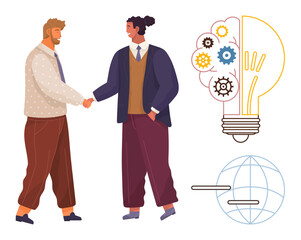 Two professionals shaking hands, gears inside a light bulb representing ideas, and a globe highlighting collaboration. Ideal for innovation, networking, teamwork, business growth, partnership, global