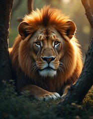 Fototapeta premium Male lion with full mane lies on forest floor. Big cat rests in dappled sunlight, looking alertly forward. Wild animal pauses among trees, grass. Majestic predator rests peacefully in natural habitat.