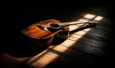 Acoustic guitar resting on wooden floor with sunlight.