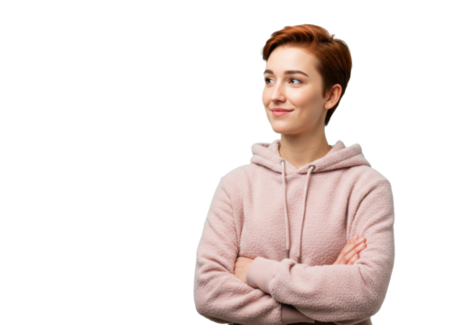 Smiling young woman with short red hair in pink hoodie isolated on transparent background, confident female portrait for lifestyle concepts