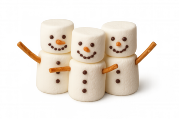 Three sweet marshmallow snowmen standing together, forming a cheerful family for winter holidays with a transparent background