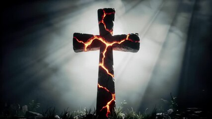 Glowing cracked cross with light rays, in a mysterious scene, representing faith and hope - Powered by Adobe