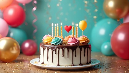 Birthday celebration with colorful balloons, chocolate cake, candles. White chocolate cake with chocolate drip, colorful frosting, lit candles. Colorful balloons, confetti on background. Happy