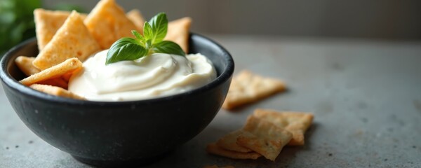 Creamy white dip in black bowl with crackers and basil leaf garnish. Perfect appetizer for parties or healthy snack. Simple yet elegant food styling for blogs, menus or recipes.