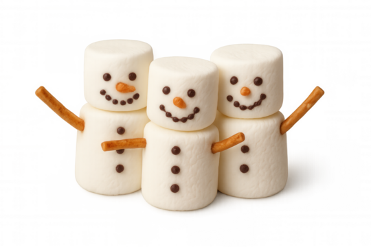 Three sweet marshmallow snowmen standing together, forming a cheerful family for winter holidays with a transparent background - Powered by Adobe