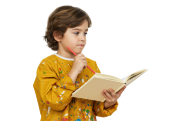 Pensive young boy in yellow smock holding book and red pencil isolated on transparent background, child artist concept