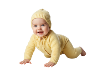 Adorable baby in yellow knitted outfit isolated on transparent background, cute infant crawling and smiling