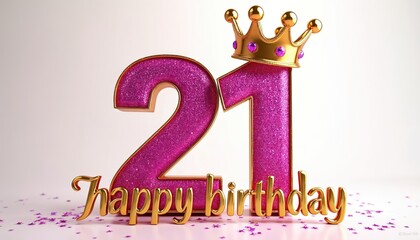 Large pink glittery number 21 with golden crown on top. Golden happy birthday text. Purple confetti on white background. Celebration of coming of age. Festive decoration for 21st birthday party.