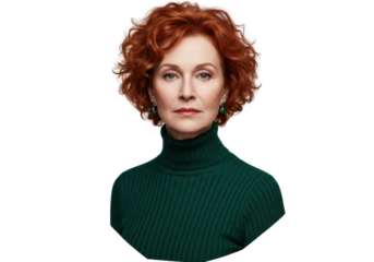 Elegant mature woman with red curly hair in green turtleneck isolated, portrait of a stylish lady for fashion and beauty concepts