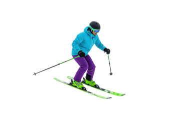 Female skier in blue jacket isolated on transparent background, skiing down slope with green skis and poles, winter sport activity