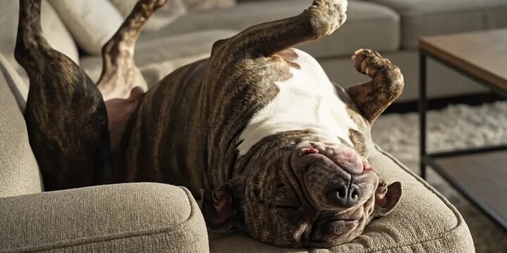A hilarious real-life style video of a bulky Pitbull sleeping awkwardly upside down on a sofa. This genuinely funny and relatable clip captures the lazy, goofy side of a beloved pet