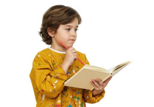 Pensive young boy in yellow smock holding book and red pencil isolated on transparent background, child artist concept