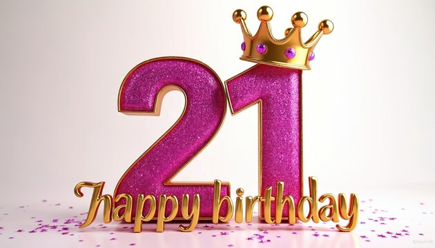 Large pink glittery number 21 with golden crown on top. Golden happy birthday text. Purple confetti on white background. Celebration of coming of age. Festive decoration for 21st birthday party.