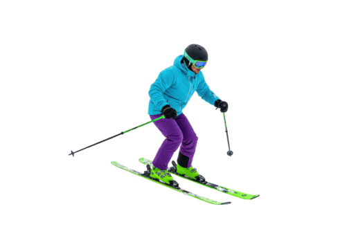 Female skier in blue jacket isolated on transparent background, skiing down slope with green skis and poles, winter sport activity - Powered by Adobe