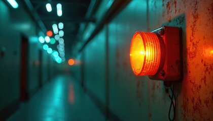 Emergency lighting glows inside long corridor. Industrial red alarm lamp on wall. Alert signal indicates safety danger or urgency. Precaution system shows notification with vibrant red light.