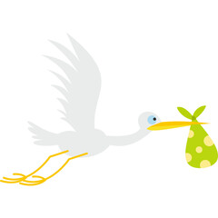 A White Stork Flies With a Green Bundle In Its Beak Across A White Background Carrying A New Baby Home