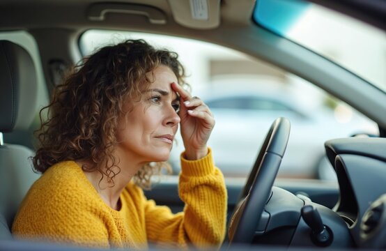 Young woman sitting in car driver looking worried. Touches forehead with hand. Car interior visible in background with natural light coming through window. Female driver appears stressed concerned