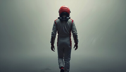 Fototapeta premium racer in red helmet walks away through smoke. Pilot wears white suit with red stripes. Driver prepares for speed race, feels danger, pressure of competition.