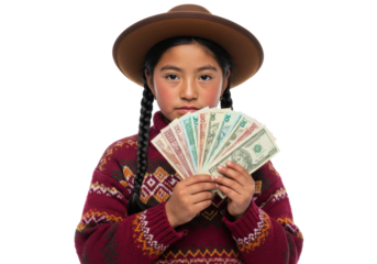 Young girl in traditional Andean attire isolated holding Bolivian currency and US dollars, cultural heritage and financial concept