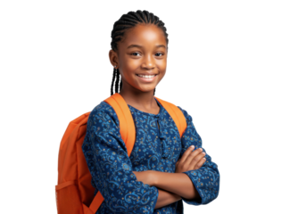 Smiling African-American schoolgirl with backpack isolated on white, happy child ready for school with arms crossed PNG