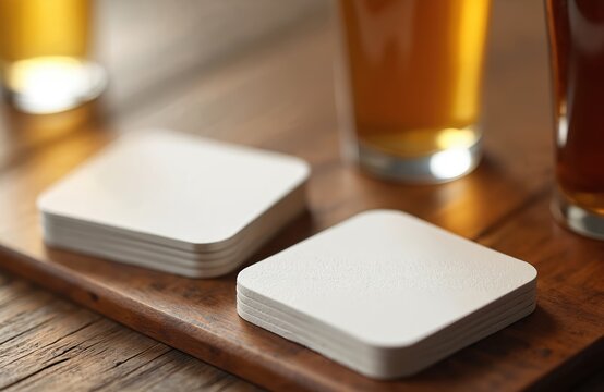 White square coasters on wooden table with beer glasses. Stacks of blank coasters for branding or logo design. Beer glasses on wooden tray. Coasters for bar and pub identity presentation.