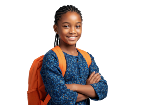 Smiling African-American schoolgirl with backpack isolated on white, happy child ready for school with arms crossed PNG
