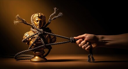 Strong human hand firmly pulling dark ropes tightly binding a golden classical bust representing precious ancient cultural property and illicit heritage trafficking.