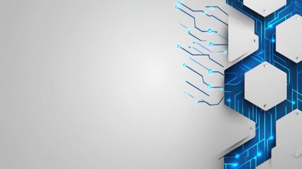 Abstract Technology Background with Circuit Patterns and Hexagonal Shapes on a Light Gray Surface Featuring Blue Neon Accents for Modern Digital Designs