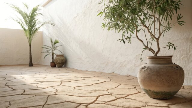 Rustic clay tiled floor with textured wall in daylight
