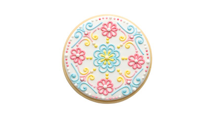 Delicate round cookie with intricate floral icing patterns in pastel colors