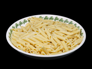 Cooked Penne Rigate Pasta in White Bowl with Green Leaf Border