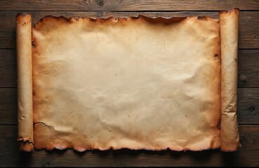 Old parchment paper rolled on both sides lies on dark wooden planks. Aged vintage document with torn edges, burn marks. Blank space for writing text overlay. Retro style with grunge texture, natural