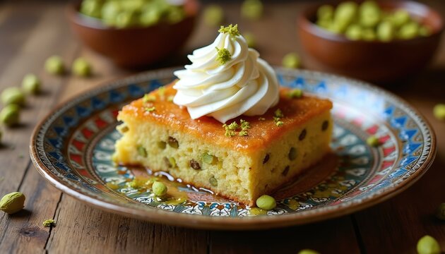 Piece of kunafeh dessert with cream, pistachio on colorful plate. Turkish sweet dish on wooden table. Creamy kunafe on ornate plate with pistachio nuts in background. Traditional Middle Eastern