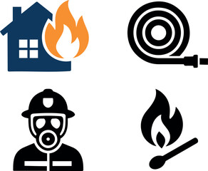 Vector illustration depicting a house on fire, fire hose, firefighter, and a burning matchstick