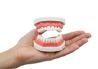 Dental model in hand isolated on white, teeth model for dental study and education purposes