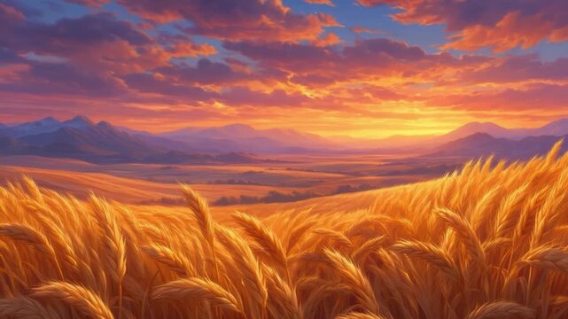 Serene Landscape at Sunset with Vibrant Sky and Gentle Hills Over a Field of Wheat Grass and Colorful Clouds in the Distance