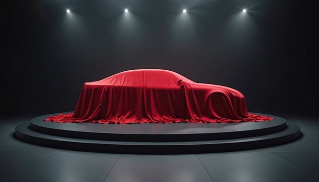 Red velvet cloth drapes car on circular stage with spotlights. Dramatic presentation of new model automobile under cover in studio lighting. Elegant reveal concept.