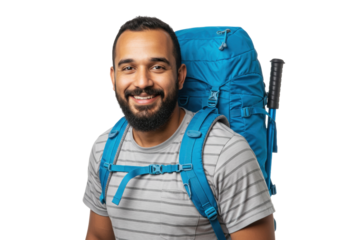 Smiling bearded hiker with blue backpack isolated on white, happy man with trekking poles ready for outdoor adventure