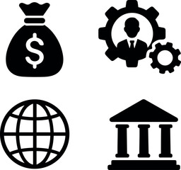 Vector illustration of money bag, gear with person, globe, and building in a black silhouette