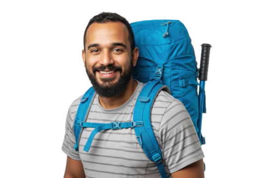 Smiling bearded hiker with blue backpack isolated on white, happy man with trekking poles ready for outdoor adventure