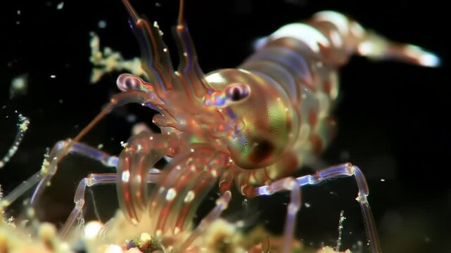 Close up of a colorful shrimp with long antennae in dark water
