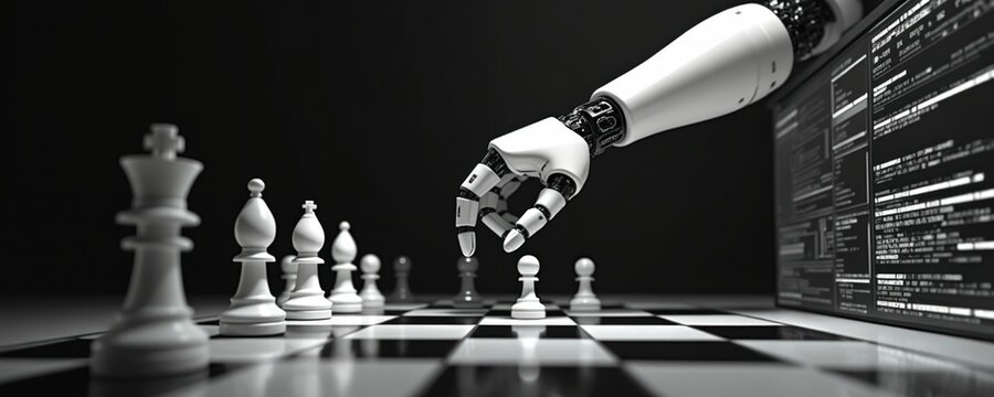 Robot arm plays chess on chessboard. Tech screen displays coding data. AI robot hand makes strategic move during game. Innovation in smart automation, software development, machine learning concept.