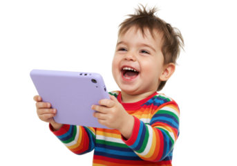 Happy toddler with tablet isolated on transparent PNG, cheerful child using digital device for entertainment and education