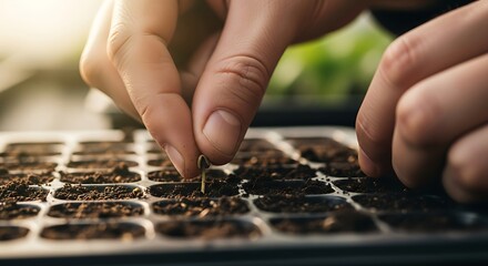 Close-up shot of hands planting seed in a seedling tray with soil