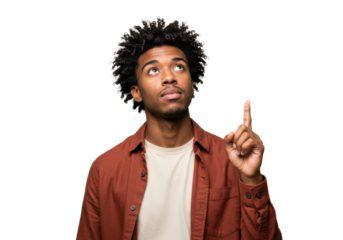 Young African American man with curly hair pointing up isolated on white, concept for ideas and solutions in PNG format