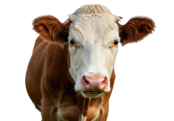 Brown and white cow head isolated PNG, close-up of farm animal with pink nose and fur, livestock portrait on transparent background