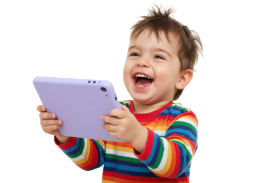 Happy toddler with tablet isolated on transparent PNG, cheerful child using digital device for entertainment and education