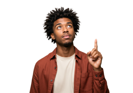 Young African American man with curly hair pointing up isolated on white, concept for ideas and solutions in PNG format