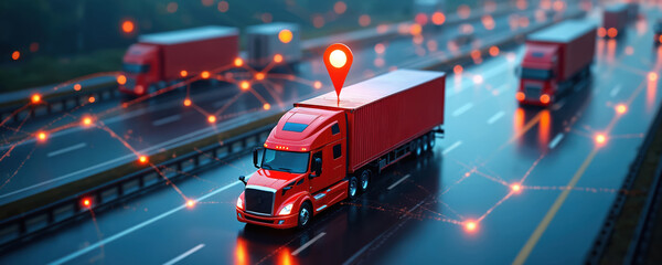 Naklejka na ściany i meble Red truck with container on highway with gps navigation. Truck driving on road with network connections. Logistics transportation with location tracking. Fleet management with route optimization.