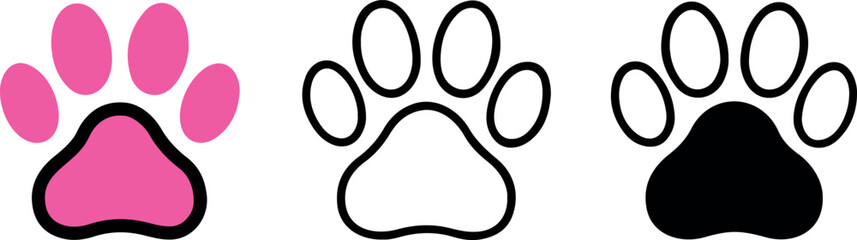 Vector three paw print illustrations in pink, white outline, and solid black on transparent background